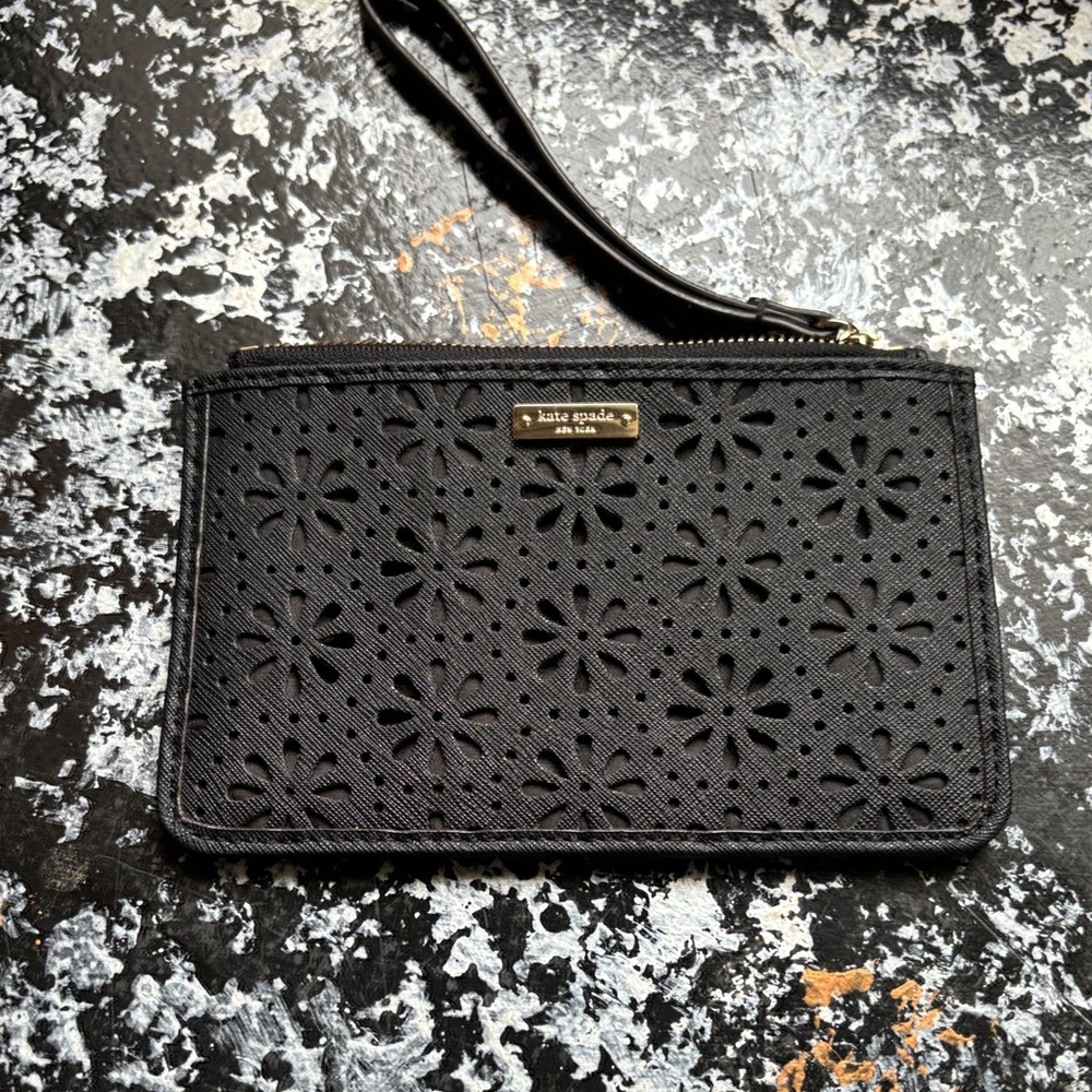 kate spade Black Floral Perforated Wristlet Clutch